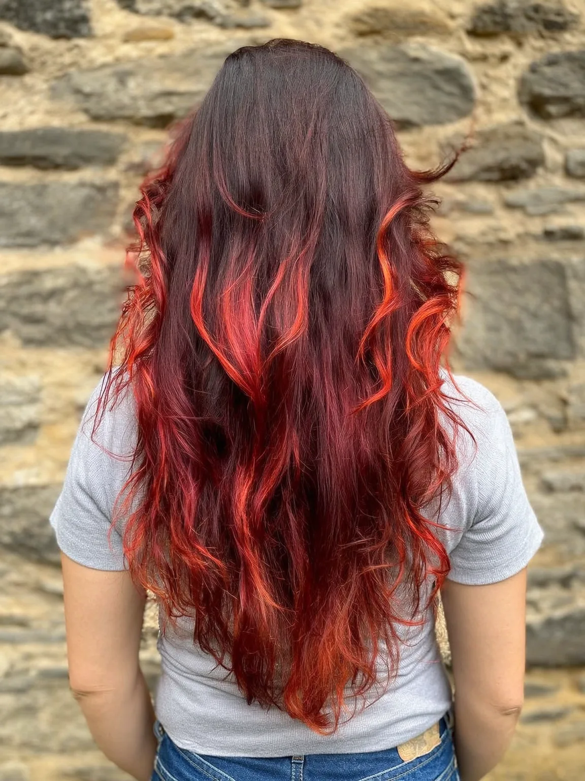 Fiery Red Long Layers with Auburn Undertones and Wave Texture